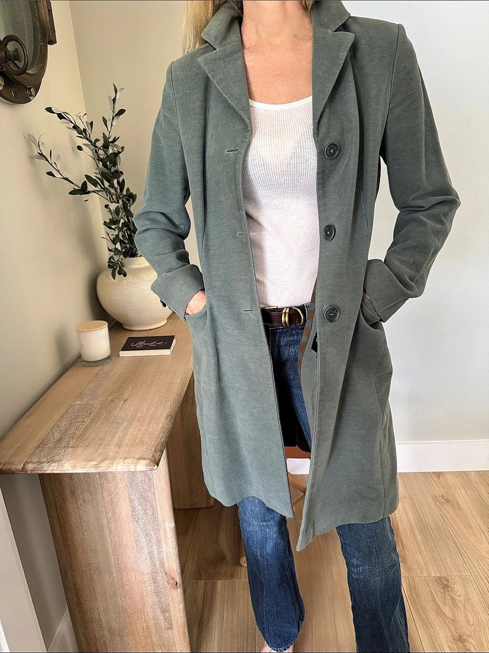 Boden Vintage Suede Sage Green Longline Peacoat Y2K 90s